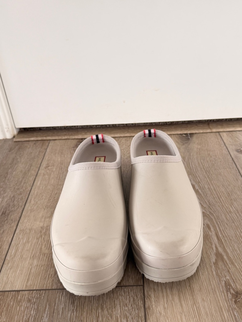 Hunter Taupe Platform Clogs with Red Heel Tab - Picture 3 of 5